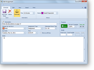 The StudyMinder assignment edit window