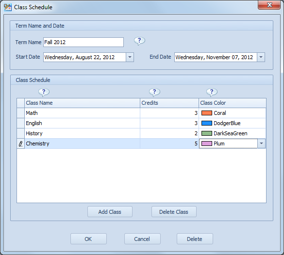 Class Schedule Window