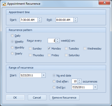 Setting a recurring event in StudyMinder