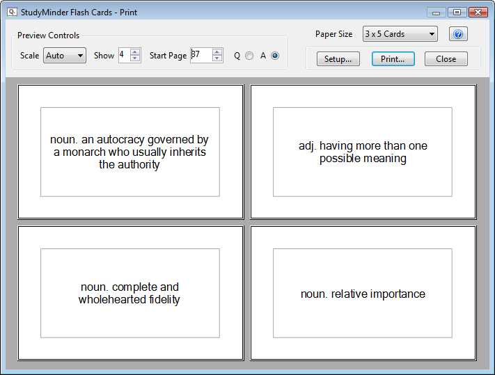 StudyMinder Flash Cards Print Preview Screen For Flash Cards